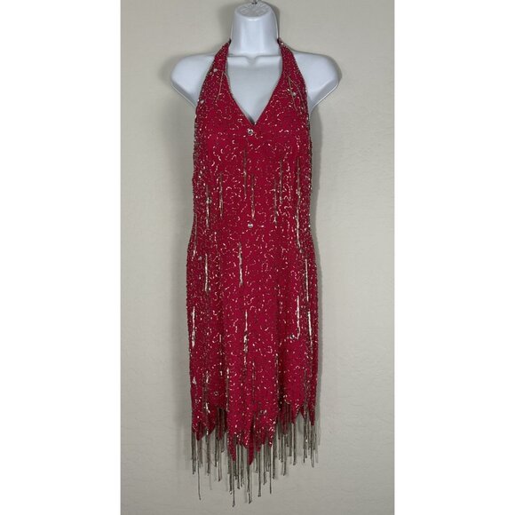 VTG 90’s Y2K Nite Line Hot Pink Beaded Tassel Bombshell Dress 2 Read Measurmnt - Picture 2 of 16